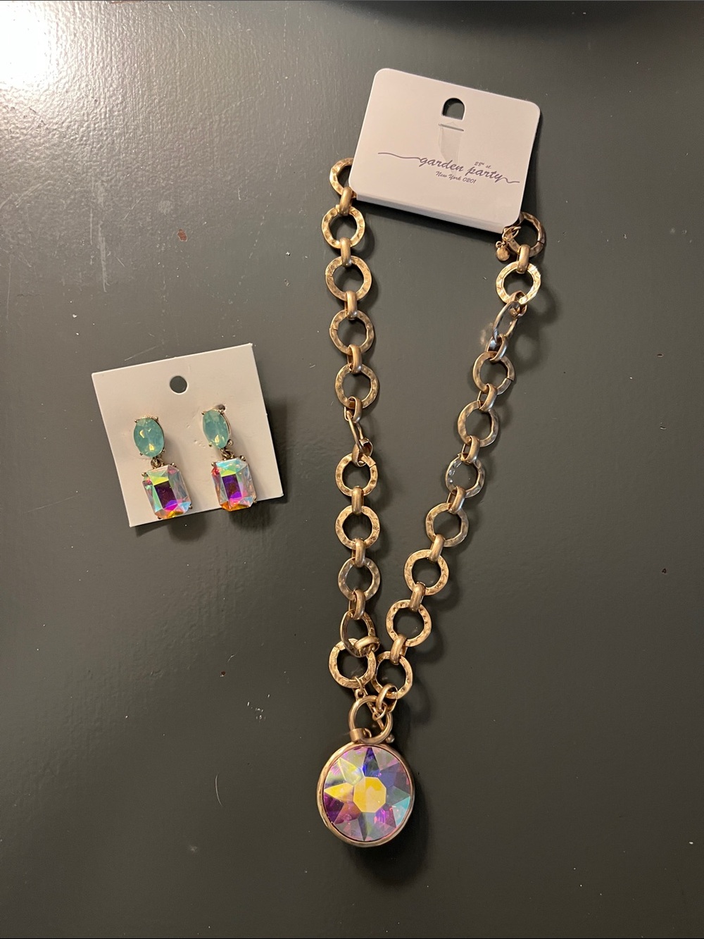 Gold Chain Necklace with Iridescent Pendant and Matching Earrings